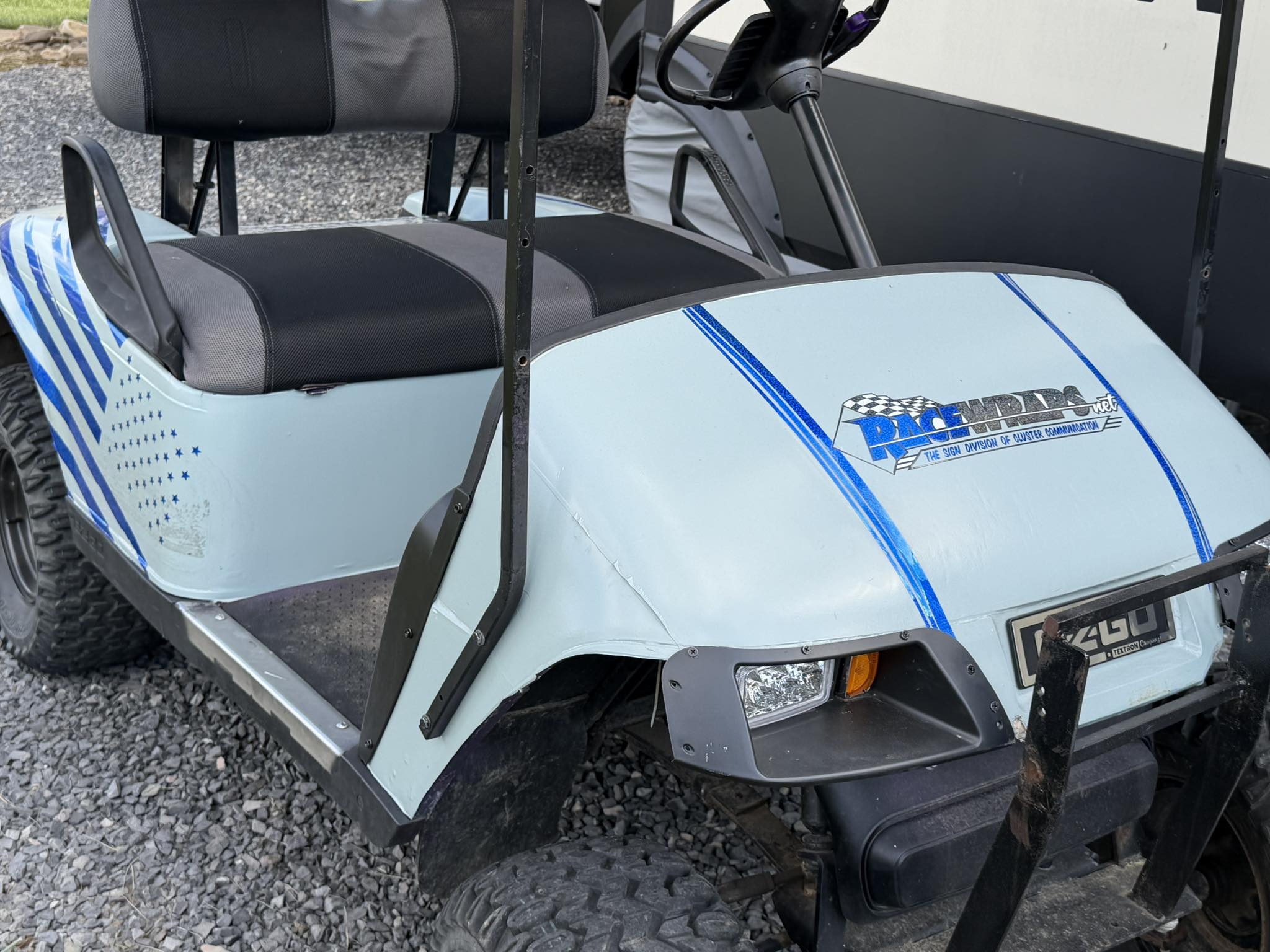 Custom golf cart wrap with American flag design by Winchester Signs and Vehicle Wraps
