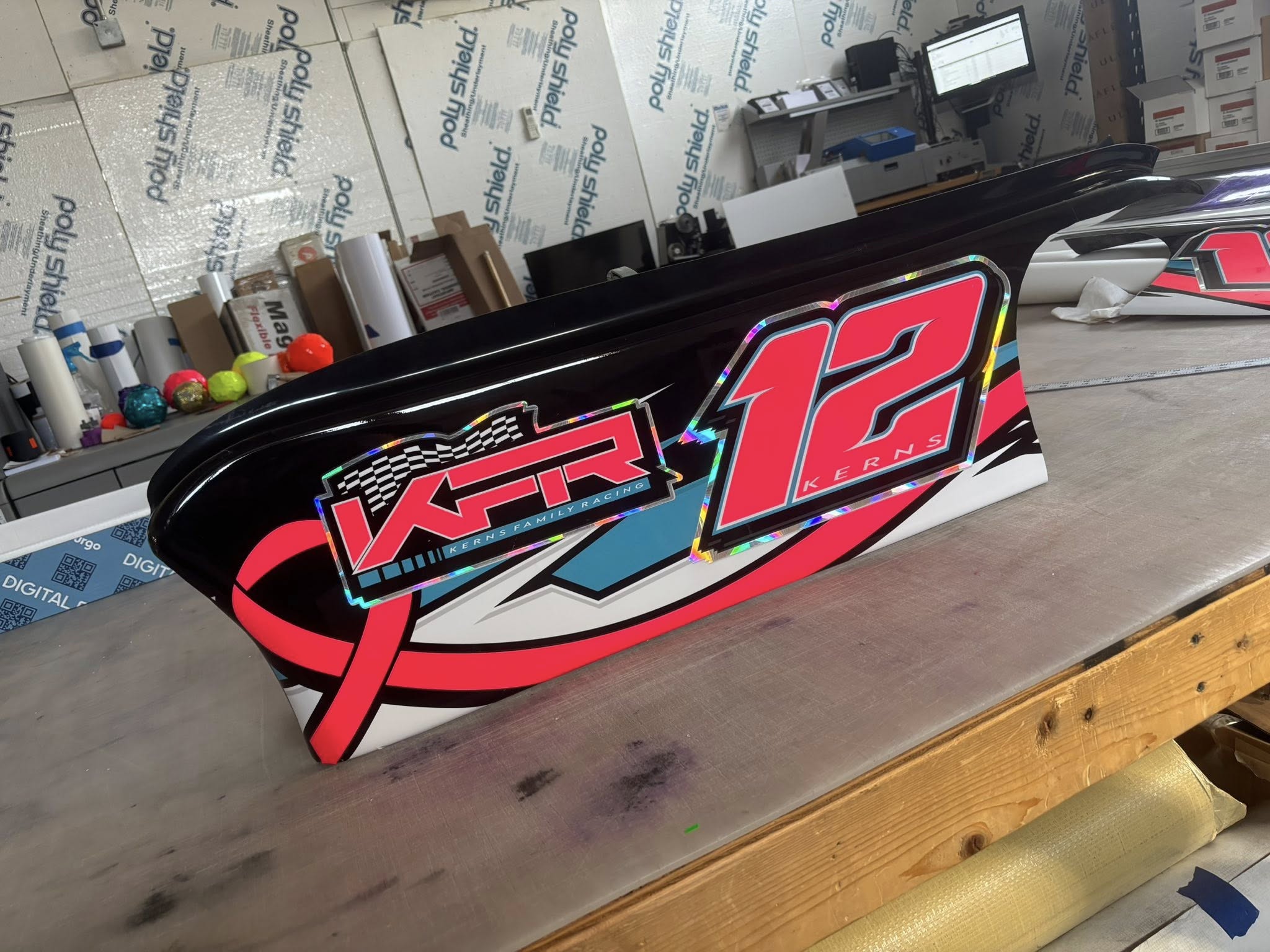 Custom race car wrap panel for Kerns Family Racing number 12 by Winchester Signs