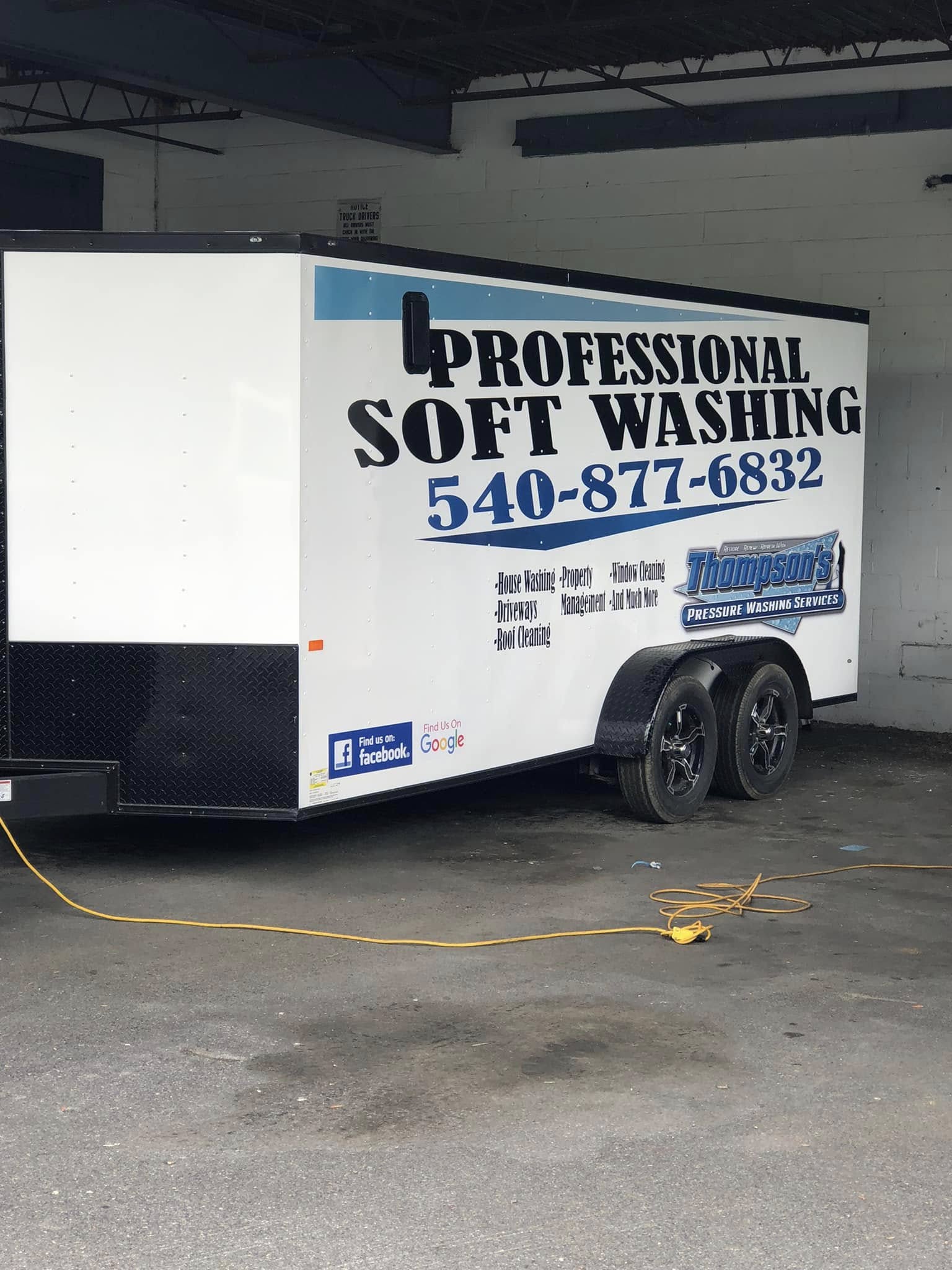 Trailer wrap for Thompson's Pressure Washing Services featuring soft washing services